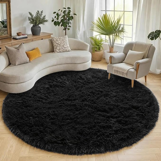 ONASAR Black Round Area Rugs 6ft, Ultra Soft Bedroom Circle Rug for Kids Girls Boys Teen Room, Fluffy Plush Shaggy Carpet Floor Mats for Baby Nursery Living Room Playroom Dorm Home Decor