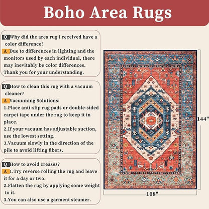 SERISSA Washable Rugs 9x12 Area Rugs, Large Non-Slip Boho Living Room Rust Rug, Ultra Soft Vintage Print Distressed Oriental Tribal Farmhouse Carpet for Dining Room Bedroom Dorm Office Home Decor