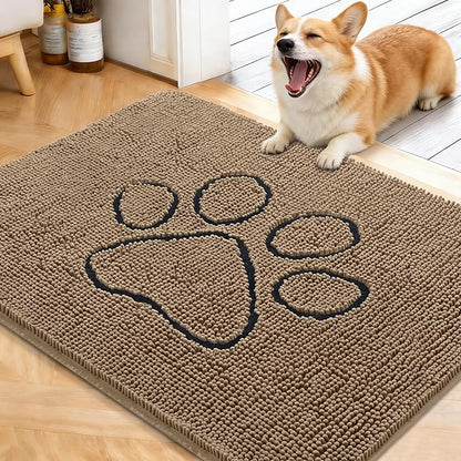 OLANLY Dog Door Mat for Muddy Paws 40x32, Paw Print Design, Absorbs Moisture and Dirt, Absorbent Non-Slip Washable Doormat, Quick Dry Chenille Mud Mat for Dogs, Entry Indoor Entryway Carpet, Tan
