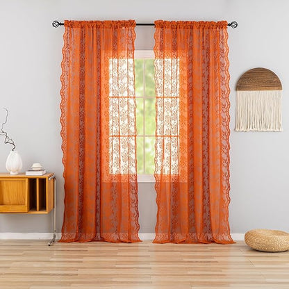 YJ YANJUN Vintage Lace Curtains 102 Inches Long-Rust Retro Floral Burnt Orange Sheer Curtain Panels for Home Office Patio Sliding Door, Rod Pocket, Boho Halloween Fall Decor 2 Panels 52W x 102L