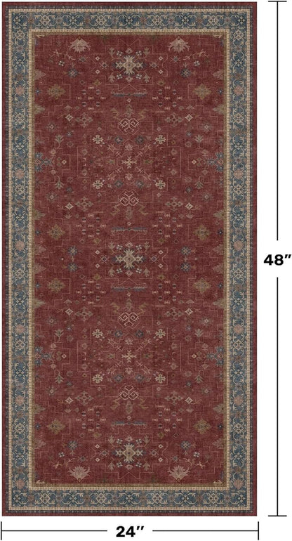 Hazo Haus Burgundy 2x4 Washable Entry Rug for Inside House, Kitchen Floor, Thin Door Mats for Inside Entry, Washable Non Slip Low Pile Stain & Fade Resistant, Modern Eclectic Floral Decor