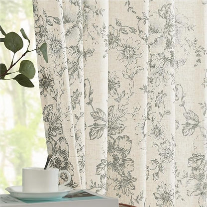 jinchan Lined Linen Blend Curtain Floral Curtains for Living Room 108 Inches Extra Long Grey Peony Flower Printed Curtain Back Tab Farmhouse Patterned Drapes Bedroom Window Curtains Set 2 Panels