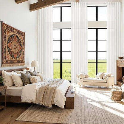 Extra Long Beige White Linen Curtains 144 Inch for Living Room 2 Panels Set Rod Pocket Back Tab Light Filtering Semi Sheer Curtain Privacy Floor to Ceiling High Ceiling Drapes for Farmhouse 52x144