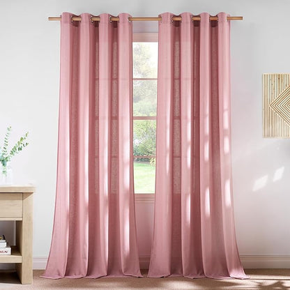 NICETOWN Thick Linen Pink Curtains for Girls Room 96 inches Long, Grommet Flax Linen Privacy Added with Light Filtering Window Treatments for Bedroom, W55 x L96, 2 Panels