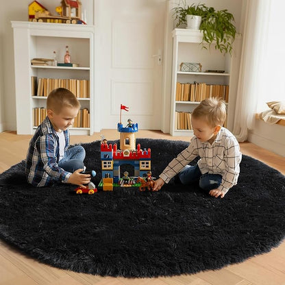 ONASAR Black Round Rugs 7ft for Living Room, Fluffy Bedroom Circle Area Rug, Soft Plush Shaggy Carpet for Kids Girls Boys Teen Nursery Dorm Classroom Playroom Home Decor Aesthetic