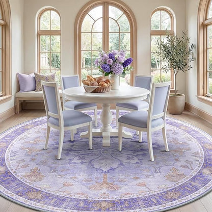 RELEANY Area Rugs 8ft Washable Non-Slip, Floral Vintage Distress Print Pattern Medallion Carpet for Living Room Bedroom Dining Room, Light Purple Brown