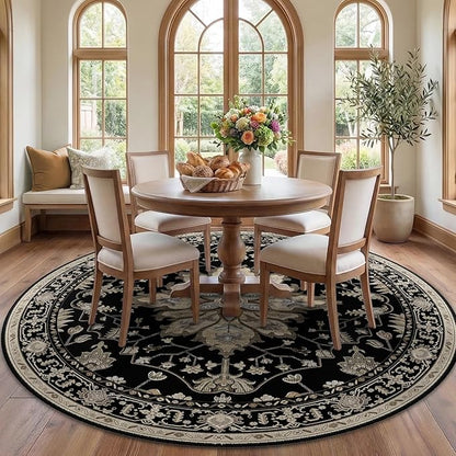 Area Rugs 7ft Washable Non-Slip, Floral Vintage Distress Print Pattern Medallion Carpet for Living Room Bedroom Dining Room, Black Brown Neutral Dark Tan