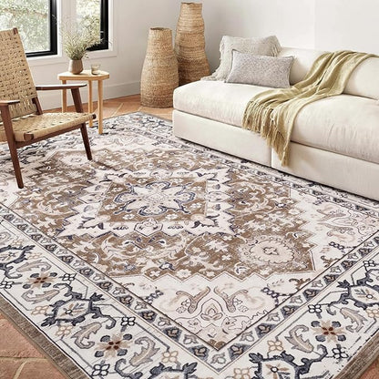 Lofus 4x6 Area Rugs for Living Room, Washable Area Rug, Rugs for Bedroom, Kitchen, Vintage Boho Carpet, Soft Non-Slip, Low Pile Large Area Rug for Office Dining Room, Floral Brown