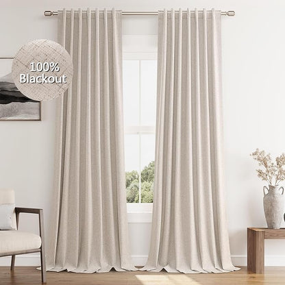 Guken Oatmeal 100% Blackout Curtains 84 Inch Length 2 Panels Set for Living Room Bedroom Back Tab Thermal Insulated Black Out Linen Drapes Room Darkening Window Curtains 84 Inches Long