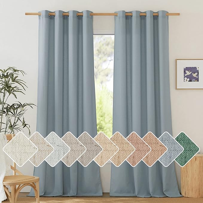 NICETOWN Flax Semi Sheer Stone Blue Linen Curtains for Living Room, Grommet Vertical Drapes Thick Linen Curtains Privacy Added with Light Filtering for Villa/Bedroom, W55 x L96, 1 Pair