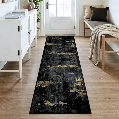 Washable Area Rugs 2'6''x8 Non-Slip Modern Abstract Soft for Living Room Entryway Bedroom Nursery, Print Pattern, Dark Black Gold