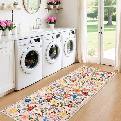 Runner Rug for Entryway: 2.6x8 Kitchen Rugs Non Slip Washable Ultra-Thin Soft Floral Carpet Indoor Floor Stain Resistant Carpets for Hallway Bedroom Kitchen Laundry Bathroom Dorm Beige