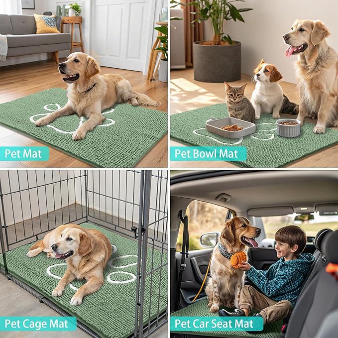Smiry Dog Door Mat for Muddy Paws, Absorbent Dirt Trapper Non Slip Quick Dry Washable Chenille Mat for Mud Dogs, Entry Rug for Indoor and Outdoor (40x32 Inches, Olive Green and White)
