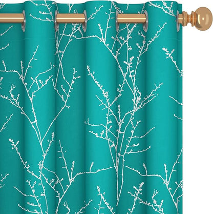 Deconovo Blackout Curtains, Thermal Insulated Soundproof Drapes with Tree Foil Print, 52 x 63 Inch, Set of 2, Machine Washable Window Curtain for Bedroom Living Room Nursery Kitchen Office, Turquoise