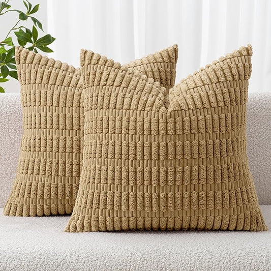 MIULEE Pack of 2 Corduroy Decorative Throw Pillow Covers 24x24 Inch Soft Boho Striped Pillow Covers Modern Farmhouse Home Decor for Sofa Living Room Couch Bed Khaki