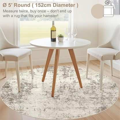 UERMEI 5ft Round Area Rug Living Room Rugs - 5x5 Washable Neutral Modern Abstract Soft Thin Rug Indoor Floor No Slip Rug Carpet for Bedroom Under Dining Table Home Office Decor - Golden Grey