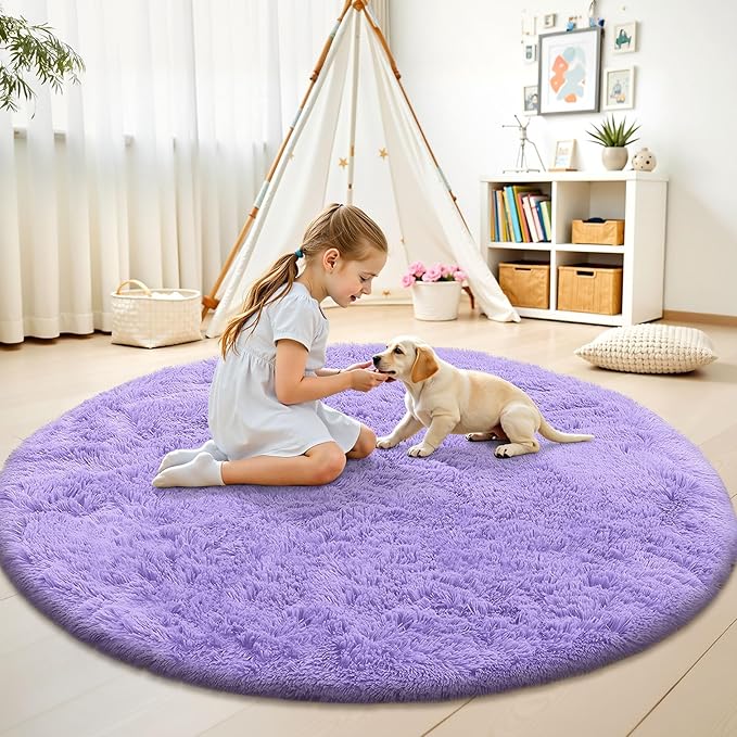 OLANLY Light Purple Round Rugs for Bedroom - Machine Washable, 4 ft Circle Area Rugs for Living Room, Soft and Fluffy Shaggy Carpet for Teen Girls and Boys, Nursery Rooms, Dorms, Home Decor Aesthetic