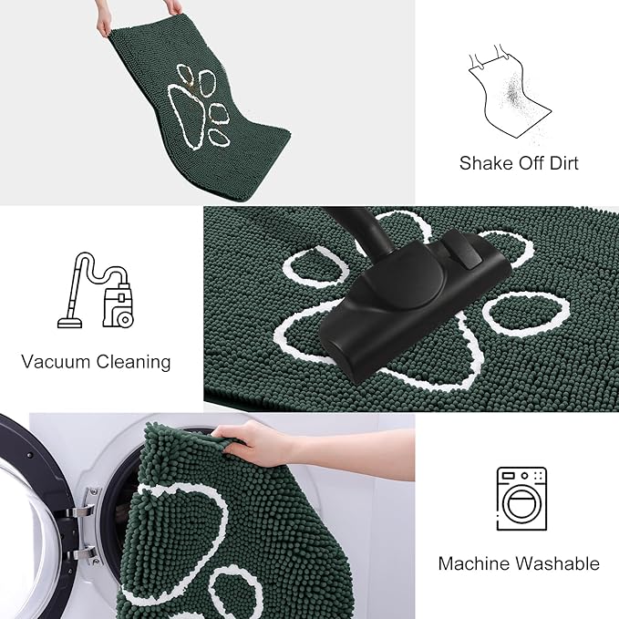 Smiry Dog Door Mat for Muddy Paws, Absorbent Dirt Trapper Non Slip Quick Dry Washable Chenille Mat for Mud Dogs, Entry Rug for Indoor and Outdoor (59x35 Inches, Green and White)