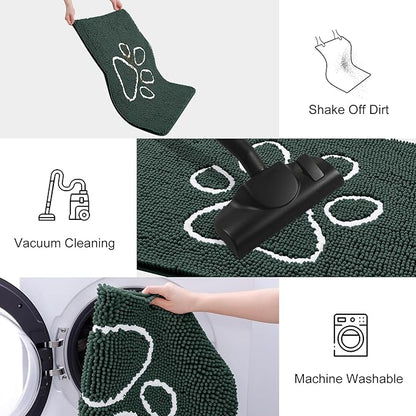 Smiry Dog Door Mat for Muddy Paws, Absorbent Dirt Trapper Non Slip Quick Dry Washable Chenille Mat for Mud Dogs, Entry Rug for Indoor and Outdoor (59x24 Inches, Green and White)