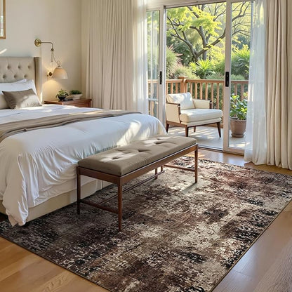 Area Rug 4x6 Brown Rug Washable Boho Rugs Non Slip Low Pile Abstract Coffee Small Carpet for Entryway, Bedroom, Kitchen, Classroom, Kids Room, Office, Dorm, Dining Room
