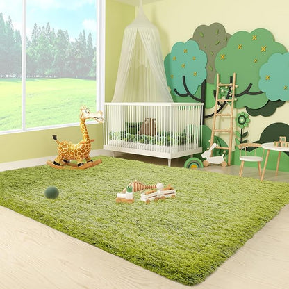 Ophanie Green Grass Area Rugs for Bedroom, 3x5 Shag Fluffy Carpet, Fuzzy Furry Plush Soft Cute Kids Baby Girls Shaggy Bedside Floor Rug for Teen Dorm Nursery Home Decor Aesthetic