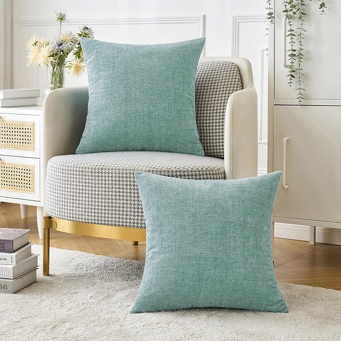 MIULEE Pack of 2 Couch Throw Pillow Covers 20x20 Inch Soft Aqua Green Chenille Pillow Covers for Sofa Living Room Spring Home Decor Couch Solid Dyed Cases