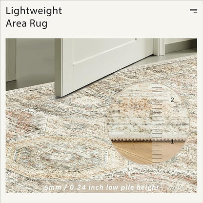 10x14 Area Rugs for Living Room, Non Slip Machine Washable Vintage Rugs, Low Pile Lightweight Large Rug for Bedroom, Dining Room, Home Office Brown Pink