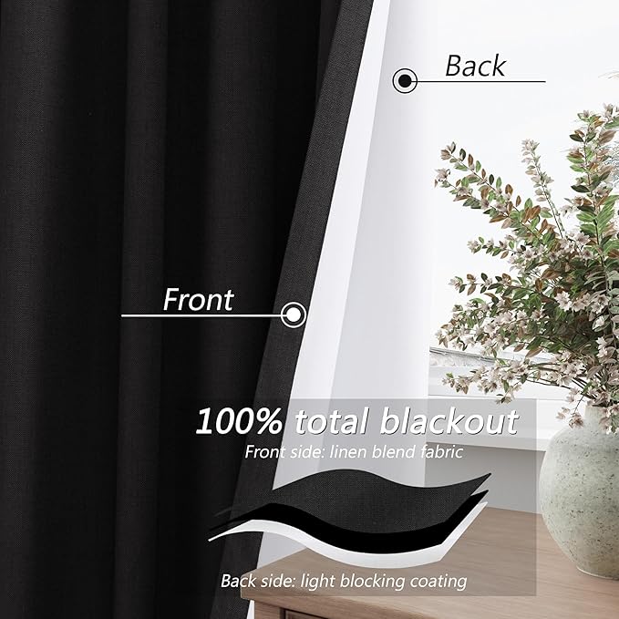 Guken Black 100% Blackout Linen Curtains 72 Inch Length 2 Panels Set for Living Room Bedroom Back Tab Thermal Insulated 100% Black Out Drapes Room Darkening Window Curtains 72 Inches Long