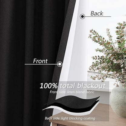 Guken Black 100% Blackout Linen Curtains 72 Inch Length 2 Panels Set for Living Room Bedroom Back Tab Thermal Insulated 100% Black Out Drapes Room Darkening Window Curtains 72 Inches Long