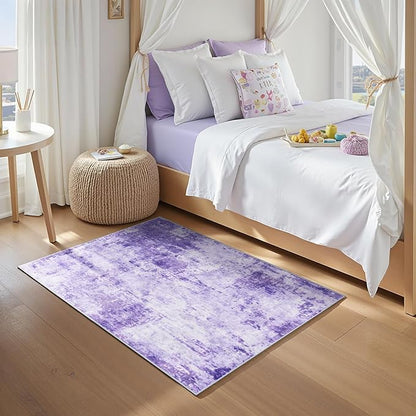 Washable Area Rugs 3'x5' Non-Slip Modern Abstract Soft for Living Room Entryway Bedroom Nursery, Print Pattern, Purple Gray Pink White