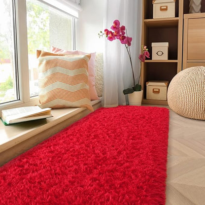 Amearea Shag Fluffy Runner Rug for Bedroom Girls Living Room, 2x6 Feet Extra Soft and Fuzzy Shaggy Rugs, Non Slip, Indoor Floor Long Carpet Mat for Boys Nursery Home Decor, Red