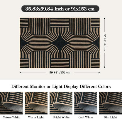 Lahome Enfys Modern Geometric Outdoor Easy Jute Rug, 3x5 Indoor Outdoor Rugs for Entryway Black Living Room Carpet, Farmhouse Washable Non Slip Carpet for Patio Courtyard Bedroom