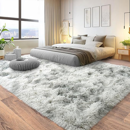 Pionblank 8x10 Rug for Living Room, Fuzzy Plush Large Area Rug, Fluffy Modern Shag Non Slip Soft Furry Carpet for Bedroom Kids Room Nursery Teens Dorm Home Decor, Tie Dye Grey