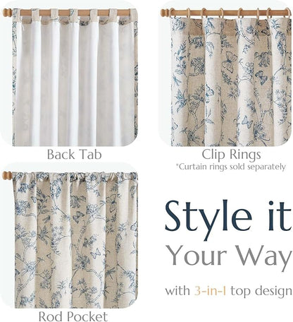 jinchan Floral Curtains Lined Linen Blend Curtain for Living Room 96 Inch Length Blue Flower Patterned Curtain French Country Farmhouse Curtains Drapes Back Tab Rod Pocket 2 Panels