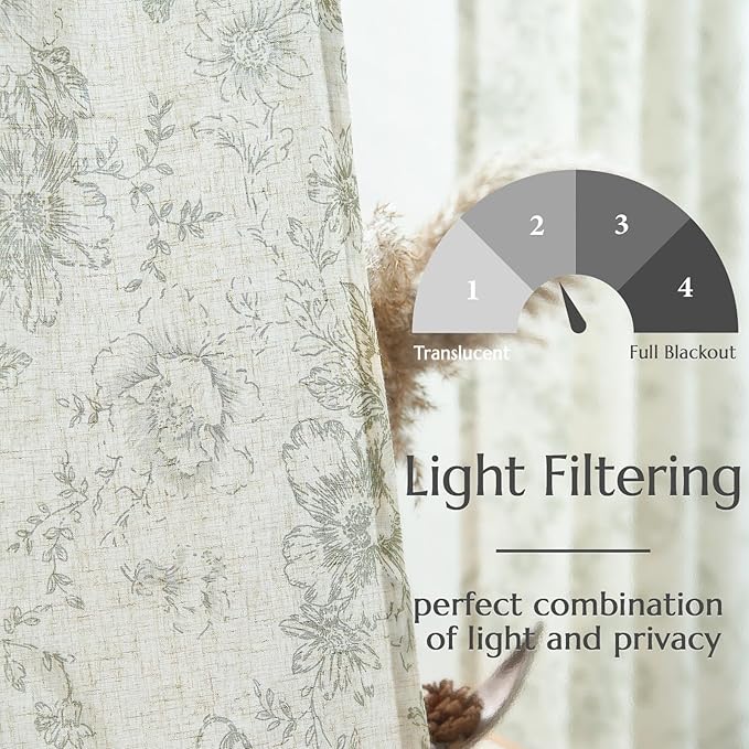 jinchan Linen Floral Curtains 100 Inch Extra Wide for Patio Sliding Glass Door Room Divider Curtain for Living Room 84 Inch Length Farmhouse Peony Green Printed Curtain Set 1 Panel