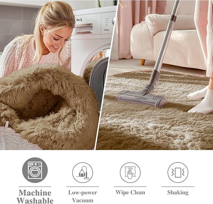 OLANLY Taupe Round Rugs for Bedroom - Machine Washable, 9 ft Circle Area Rugs for Living Room, Soft and Fluffy Shaggy Carpet for Teen Girl and Boys, Nursery Rooms, Dorms, Home Decor Aesthetic