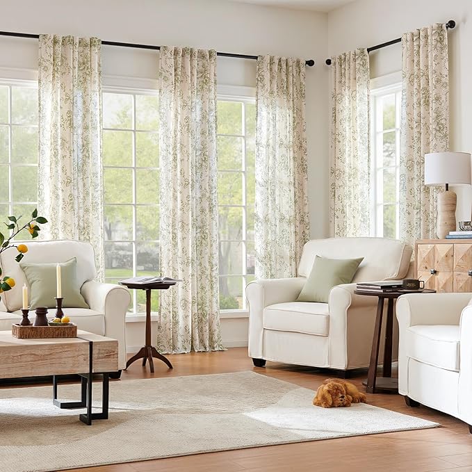 jinchan Linen Blend Floral Curtains for Living Room 90 Inch Length Farmhouse Printed Curtain Rod Pocket Back Tab Sage Green Peony Flower Patterned Drapes Bedroom Curtains Set 2 Panels