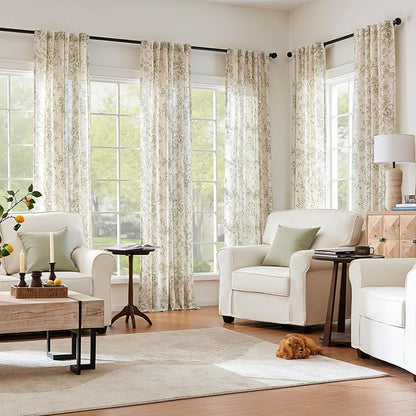 jinchan Linen Blend Floral Curtains for Living Room 108 Inch Length Farmhouse Printed Curtain Rod Pocket Back Tab Sage Green Peony Flower Patterned Drapes Bedroom Curtains Set 2 Panels