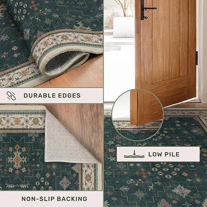 Dark Green Oushak 3x5 Large Entryway Rug - Modern Vintage Boho Eclectic Floral Pastel, Washable Low Pile Non-Slip Area Rugs for Door Mat Indoor Entrance, Kitchen, Bedroom Beside Bed, Laundry