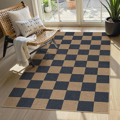 Lahome Colette Checkered Easy Jute Indoor Outdoor Carpet, 3x5 Washable Rugs for Entryway Living Room Farmhouse Area Rug, Non Slip Blue Checkerboard Indoor Door Mat for Entry Patio Deck