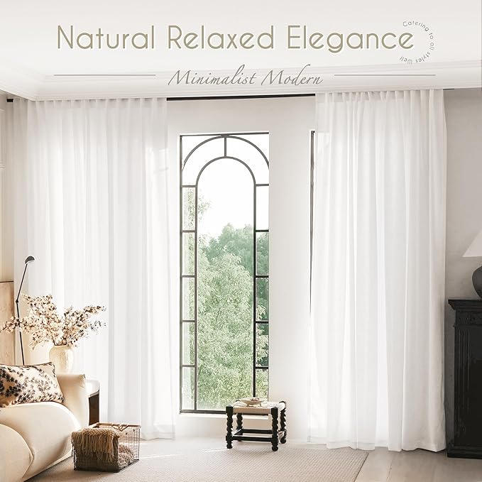 White Curtains 102 inches Long 2 Panels Back Tab Light Filtering Cotton Textured Curtain Modern Farmhouse Coastal Decor Off White Linen Drapes 102 inch Length for Patio Sliding Door Office Bedroom