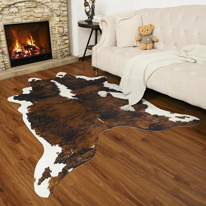 AROGAN Western Decor Faux Fur Cowhide Rug, 6.2x7 Feet Premium Animal Skin Cow Hide Rug, Sturdy Cow Print Rugs for Wall Decor, Western Floor Carpet for Bedroom Living Room, Black and Brown