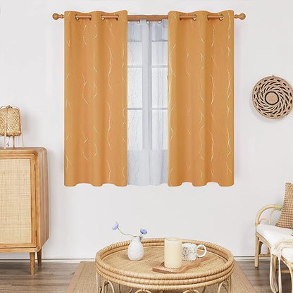 Deconovo Halloween Curtains, Blackout Drapes, Thermal Insulated Soundproof Curtain with Silver Wave Dots Print, 42 x 63 Inch, Machine Washable Panels for Bedroom Living Room Party, Set of 2, Orange