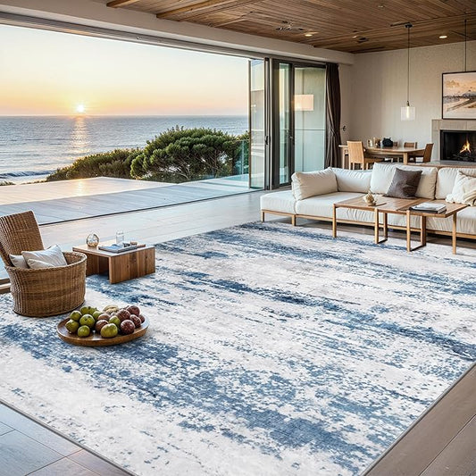 Area Rugs Living Room Rug - 5x7 Washable Modern Abstract Soft Neutral Non-Slip Carpet Large Indoor Floor Thin Carpets for Bedroom Dining Room Farmhouse Nursery Home Office White Blue Grey