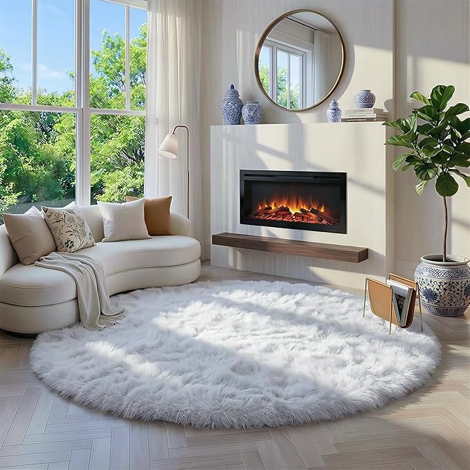 White Round Rug 6Ft for Bedroom, Circular Circle Area Rugs for Living Room, Large Soft Fluffy Shaggy Carpet for Teen Girls Boys, Kids Home Decor Aesthetic, Plush Throw Rugs for Dorm Nursery Playroom