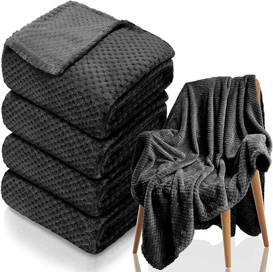 4 Pack Fleece Throw Blankets 50x60 Inches - Oeko-Tex Certified 100, 270 GSM Ultra Soft Plush for Bed, Couch and Cozy Gifts. 3D Waffle Texture, No Shedding No Pilling All Season (Black)