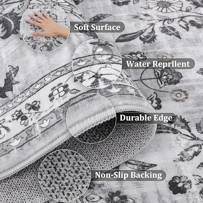 Yamaziot Washable Runner Rug 2x8 – Non Slip Boho Floral Hallway Runner Rug with Rubber Backing, Low Pile Faux Wool Distressed Carpet for Kitchen, Laundry, Bedroom, Entrance, Gray