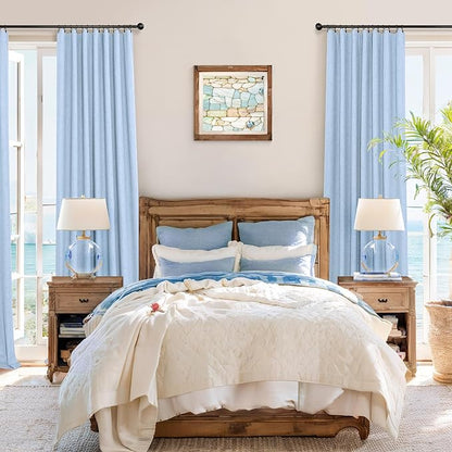 Total Blackout Baby Blue Linen Curtains 108 Inches Long 2 Panel Set Light Blue Pale Sky Colored Floor to Ceiling Thermal Spring Summer Curtain for Living Room Bedroom Patio Sliding Door Drape Back Tab