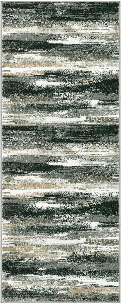 Lansny Modern Abstract Runner Rug 2x5, Forest Green Washable Entryway Kitchen Runner Non-Slip Soft Hallway Rug Runner Thin Print Faux Wool Carpet for Bedroom Laundry Room Indoor