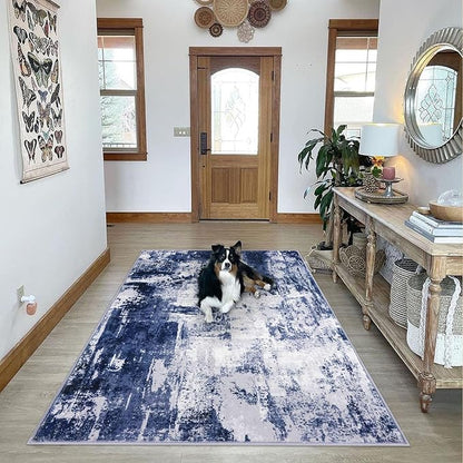 KOZYFLY Modern Abstract Area Rugs 5x7 Navy Blue Machine Washable Thin Rug for Bedroom Non-Slip Living Room Rug, Faux Wool Soft Low Pile Office Carpet for Dining Room, Bedroom, Kitchen